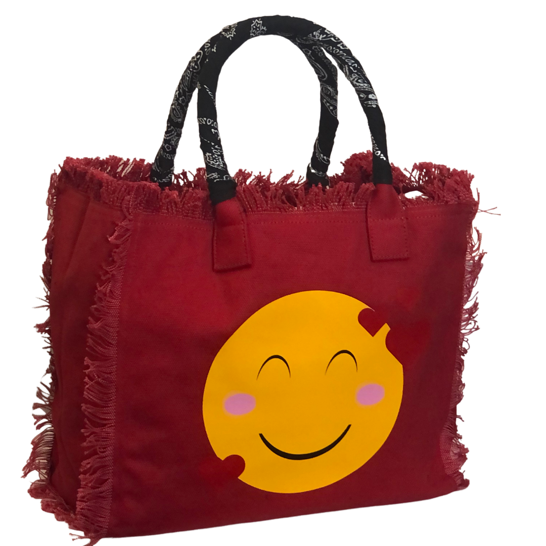 LOVE Emoji Shoulder Tote - Bandana - Red
We have improved this best-selling bag! Now larger and roomier it's a shoulder tote and fully lined too! Fringe Bag Perfect everyday bag! - "You Are About to Exceed My Medication" Fully lined canvas tote with soft-support bottom and bandana covered handles. Inside bag has 1 convenient inside zippered pockets and 2 insert pockets. Bag handles are at 7.5" drop and fits comfortably around the shoulder. Dimensions: 12"X14"X6.5" Made in USA
LOVE Emoji Shoulder Tote - Band