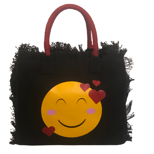 LOVE Emoji Shoulder Tote - Tulle - Black
We have improved this best-selling bag! Now larger and roomier it's a shoulder tote and fully lined too! Fringe Bag Perfect everyday bag! - "LOVE Emoji" Fully lined canvas tote with soft-support bottom and bandana covered handles. Inside bag has 1 convenient inside zippered pockets and 2 insert pockets. Bag handles are at 7.5" drop and fits comfortably around the shoulder. Dimensions: 12"X14"X6.5" Made in USA
LOVE Emoji Shoulder Tote - Tulle - Black
LOVE Emoji Bag fu