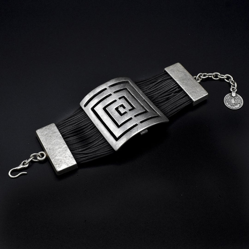 Leather & Pewter Bracelet with Puzzle Square Disc