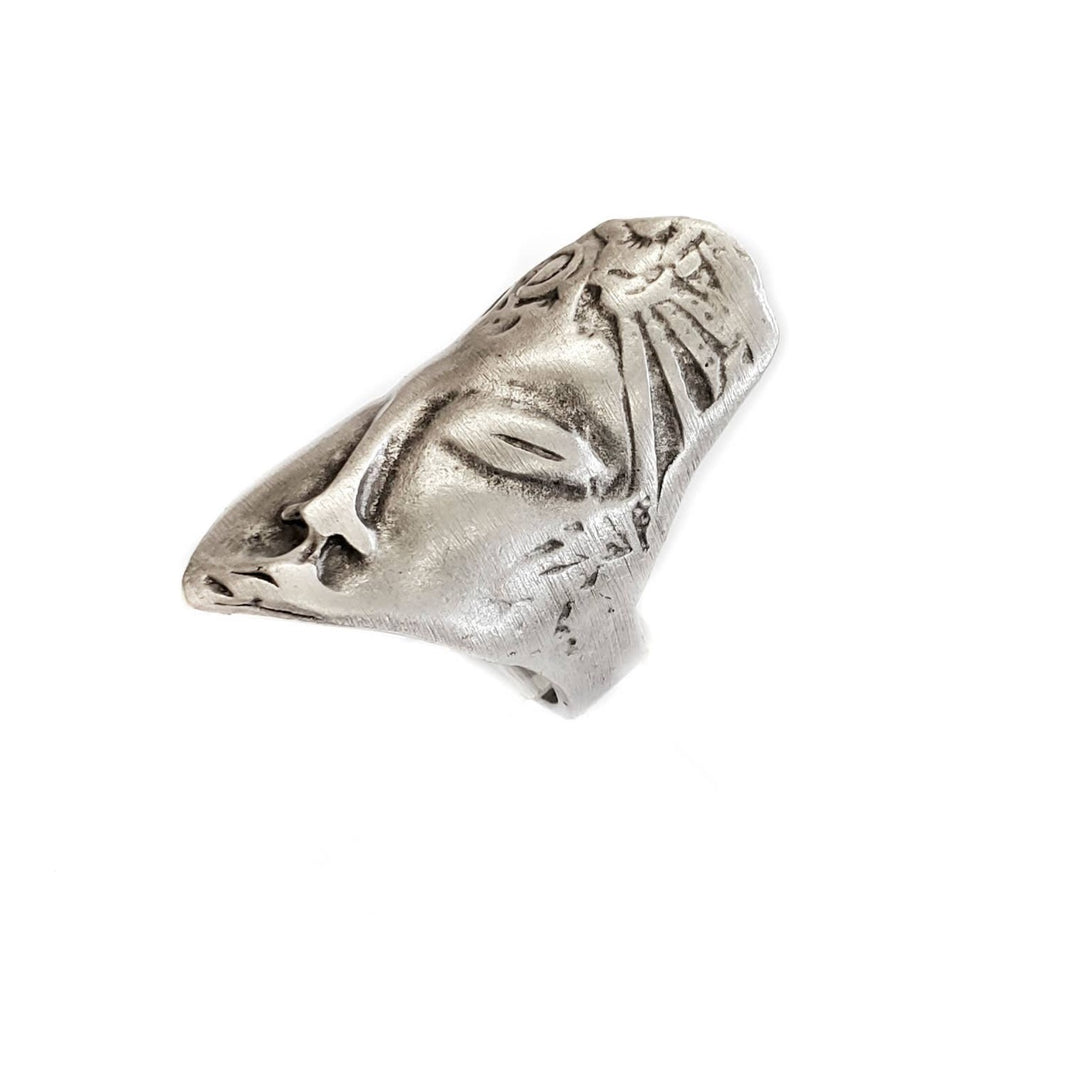 Half Face Etched Antique Silver Pewter Ring