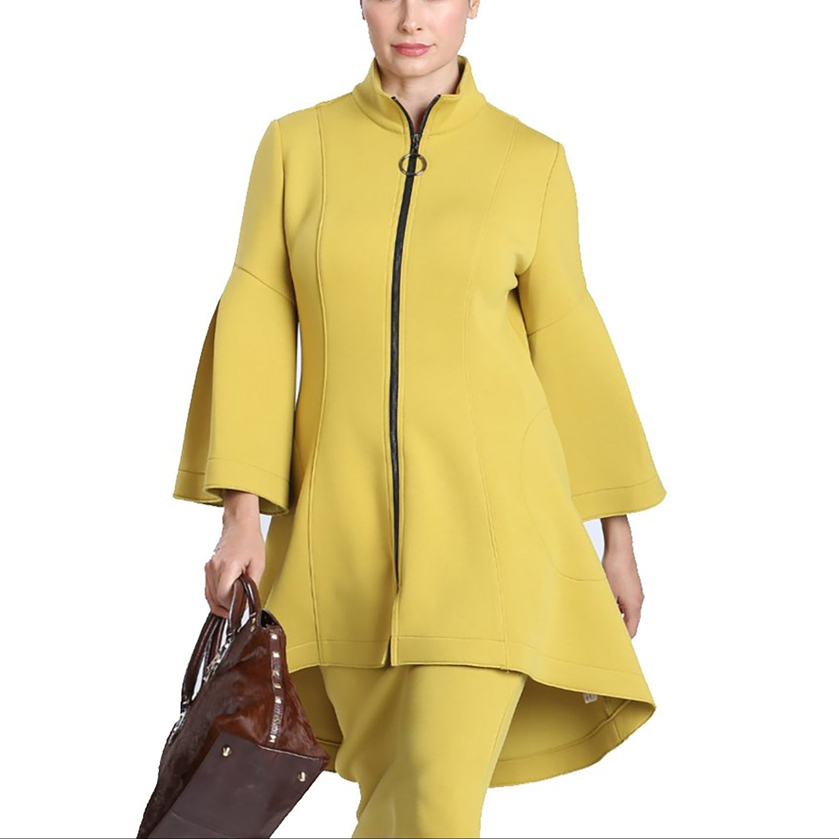 Scuba Hi-Low Bell Sleeve Jacket
Scuba fabrication jacket with hi low hemline and bell sleeve. Scuba fabrication Stand collar 3/4 belle pleat sleeves Hi-low hemline Zip front closure Approx. 38" length Polyester/rayon/spandex Dry clean only Made in USA of imported fabric.
Scuba Hi-Low Bell Sleeve Jacket
Scuba fabrication jacket with hi low hemline and bell sleeve. Stand collar, 3/4 belle pleat sleeves, hi-low hemline zip front closure 
3321JB-2

$199.99
$199.99
$199.99
acket high low, hi low jacket, hi low y