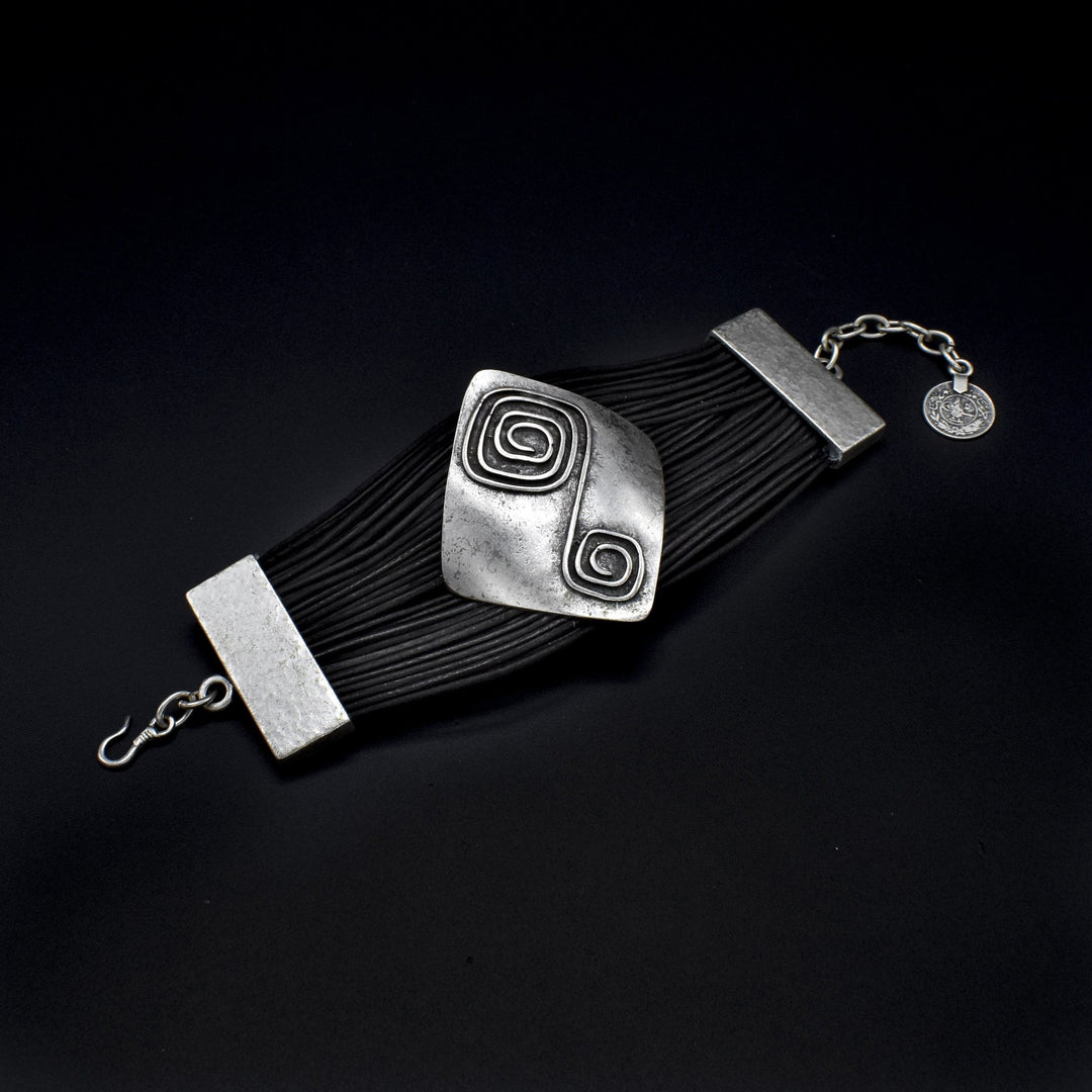 Leather & Pewter Bracelet with Square Detailed Disc