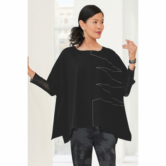 Punch the Poncho - Black
An elegant top layer, this poncho is embellished with asymmetrical stitched-line designs at the front and back. Its dense, stretchy knit makes it ideal for travel and yields a beautiful drape. The fit is full generous and unstructured. The boxy silhouette has a wide, straight shape from shoulder to hem. Details: Oversized fit Boxy silhouette Intended for layering; long sleeve tee not included Open sides are tacked to create arm holes Hip length Model is 5'10'' Made in the U.S.A. Fab