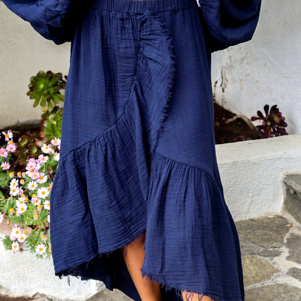 Gauze Cotton Ruffle Skirt - Navy
Cotton elastic bottom top. This top is constructed in our gauzy cotton in a billowy cocoon shape that flatters and fits every woman. The elastic hem is what adds shape wile remaining relaxed. 100% Cotton Rounded neckline Elastic hem on waistline Wide arm opening Machine wash cold water, Low dry, Low iron as needed
Gauze Cotton Ruffle Skirt - Navy
Cotton Elastic Bottom Top-Our Gauzy Cotton In A Billowy, Cocoon Shape That Flatters And Fits Every Woman. An Elastic Hem Adds Shap