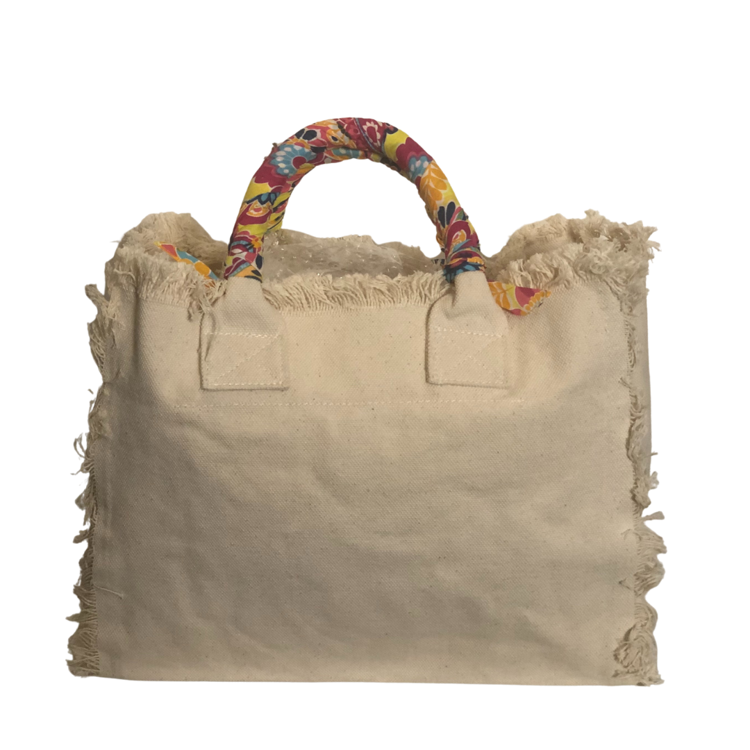 Fringe Daisies Tote - Cream
Fringe Bag Perfect everyday bag! - "White canvas with pretty daisies on the front. Canvas Tote with tulle covered handles and convenient inside zippered pocket measuring 9" X 5" Dimensions: 12"X14"X5" Made in New York
Fringe Daisies Tote - Cream
White canvas with pretty daisies on the front. Canvas Tote with tulle covered handles and convenient inside zippered pocket measuring 9" X 5" Dim.: 14x13.5x6


$177
$177
$177
canvas bag, canvas handbag, canvas handbag with bandanna, canva