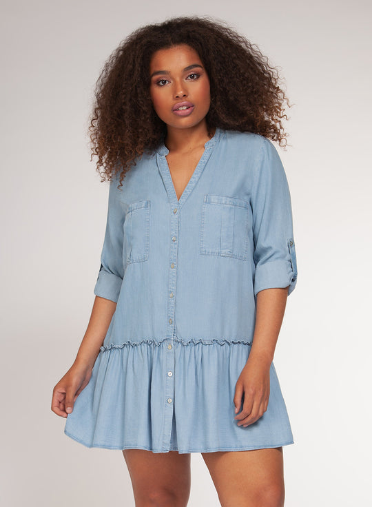 Ruffled Shirt Dress - Plus Sized
An updated take on our most popular style, now in a soft, denim-like fabric that buttons down the front and tailored with a thick ruffle. This dress takes you from work week to weekend. Self: 100% Rayon Hand Wash Cold
Ruffled Shirt Dress - Plus Sized
An updated take on our most popular style, now in a soft, denim-like fabric that buttons down the front and tailored with a thick ruffle. 
1572262 DP-1

$49.99
$49.99
$49.99
denim ruffle dress, plus size, plus size blue dress, p