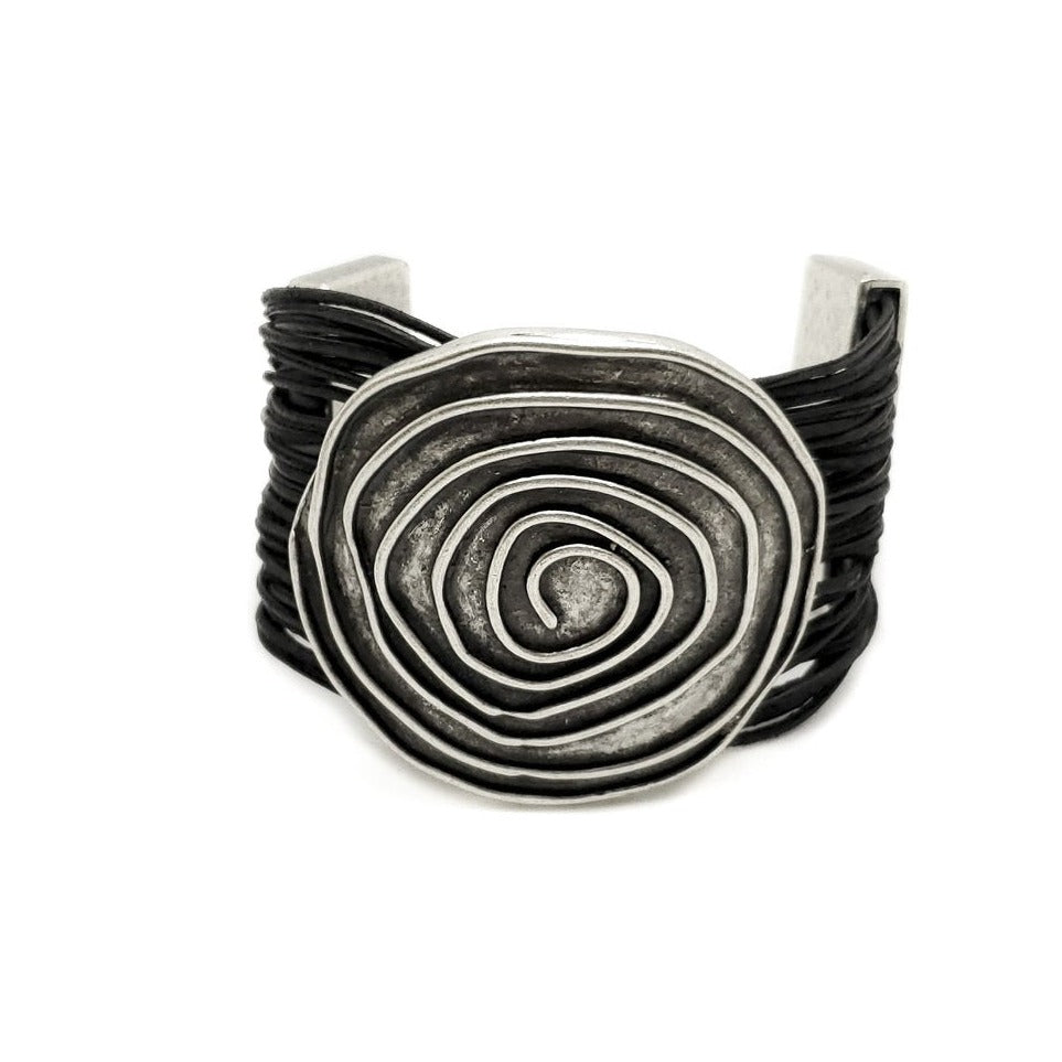Leather & Pewter Bracelet with Detailed Circle Disc