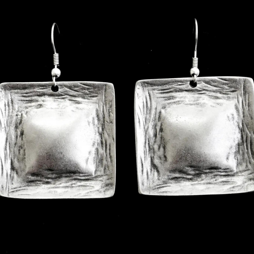 Hand made, Antique Silver plated Pewter earrings designed in a detailed square disc design. 