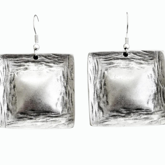 Hand made, Antique Silver plated Pewter earrings designed in a detailed square disc design. 