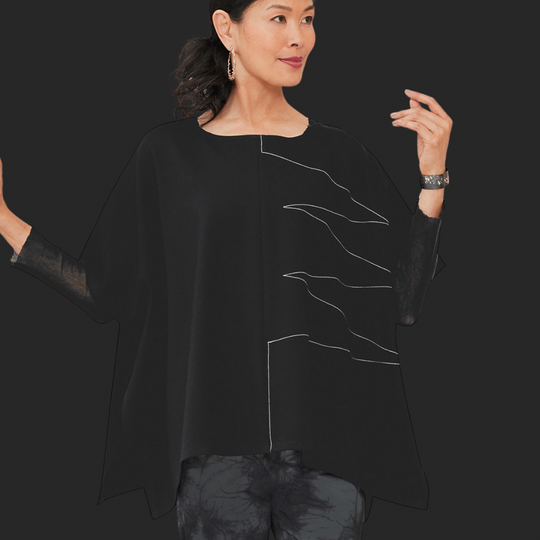 Punch the Poncho - Black
An elegant top layer, this poncho is embellished with asymmetrical stitched-line designs at the front and back. Its dense, stretchy knit makes it ideal for travel and yields a beautiful drape. The fit is full generous and unstructured. The boxy silhouette has a wide, straight shape from shoulder to hem. Details: Oversized fit Boxy silhouette Intended for layering; long sleeve tee not included Open sides are tacked to create arm holes Hip length Model is 5'10'' Made in the U.S.A. Fab