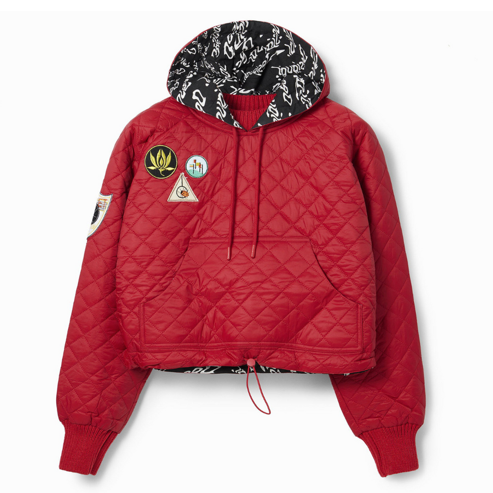 A red quilted padded hoodie with a drawstring waist, featuring college-style patches on the front and shoulder.
