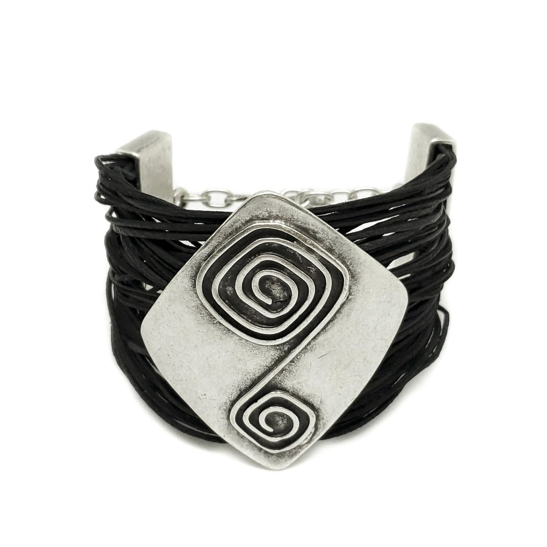 Leather & Pewter Bracelet with Square Detailed Disc