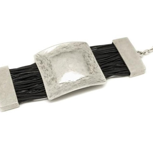 Leather & Pewter Bracelet with Hammered Square Disc