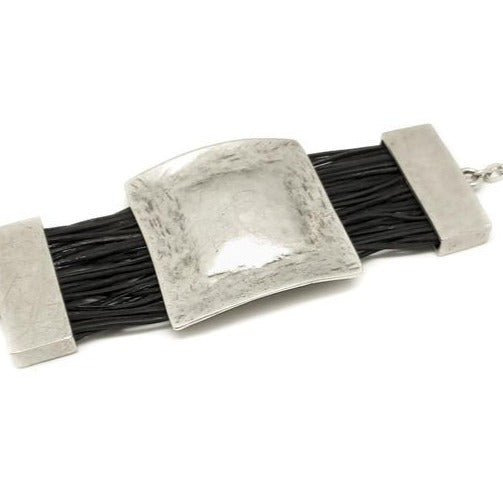 Leather & Pewter Bracelet with Hammered Square Disc