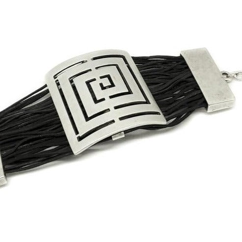 Leather & Pewter Bracelet with Puzzle Square Disc