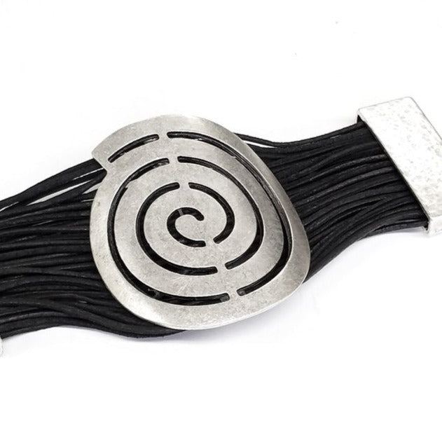 Leather & Pewter Bracelet with Puzzle Circle Disc