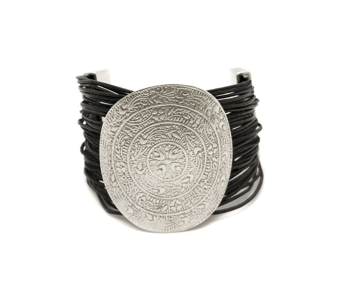 Leather & Pewter Bracelet with Etched Design