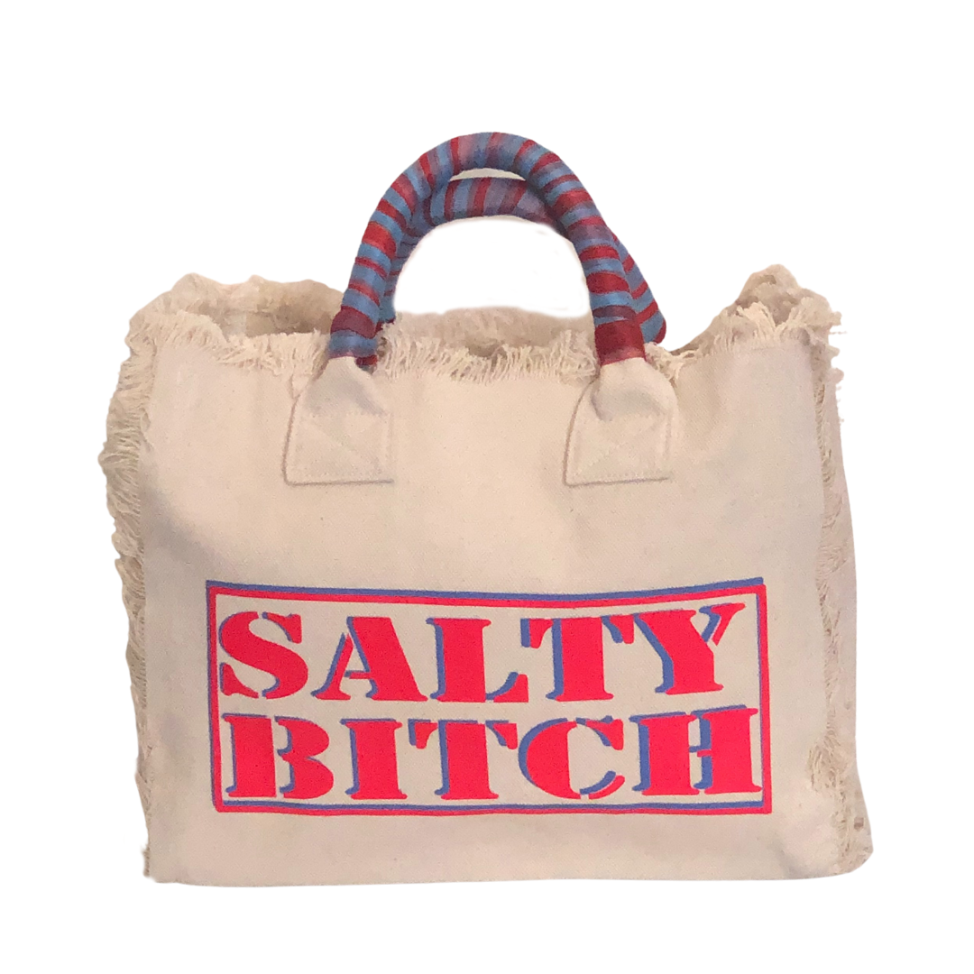 Fringe Salty Bitch Tote - Cream
Fringe Bag Perfect everyday bag titled Salty Bitch! - "Cream canvas accented with peach & blue text on front. Canvas Tote with tulle covered handles and convenient inside zippered pocket measuring 9" X 5" Dimensions: 12"X14"X5" Made in New York
Fringe Salty Bitch Tote - Cream
White canvas with pretty daisies on the front. Canvas Tote with tulle covered handles and convenient inside zippered pocket measuring 9" X 5" Dim.: 14x13.5x6


$177
$177
$177
canvas bag, canvas handbag,