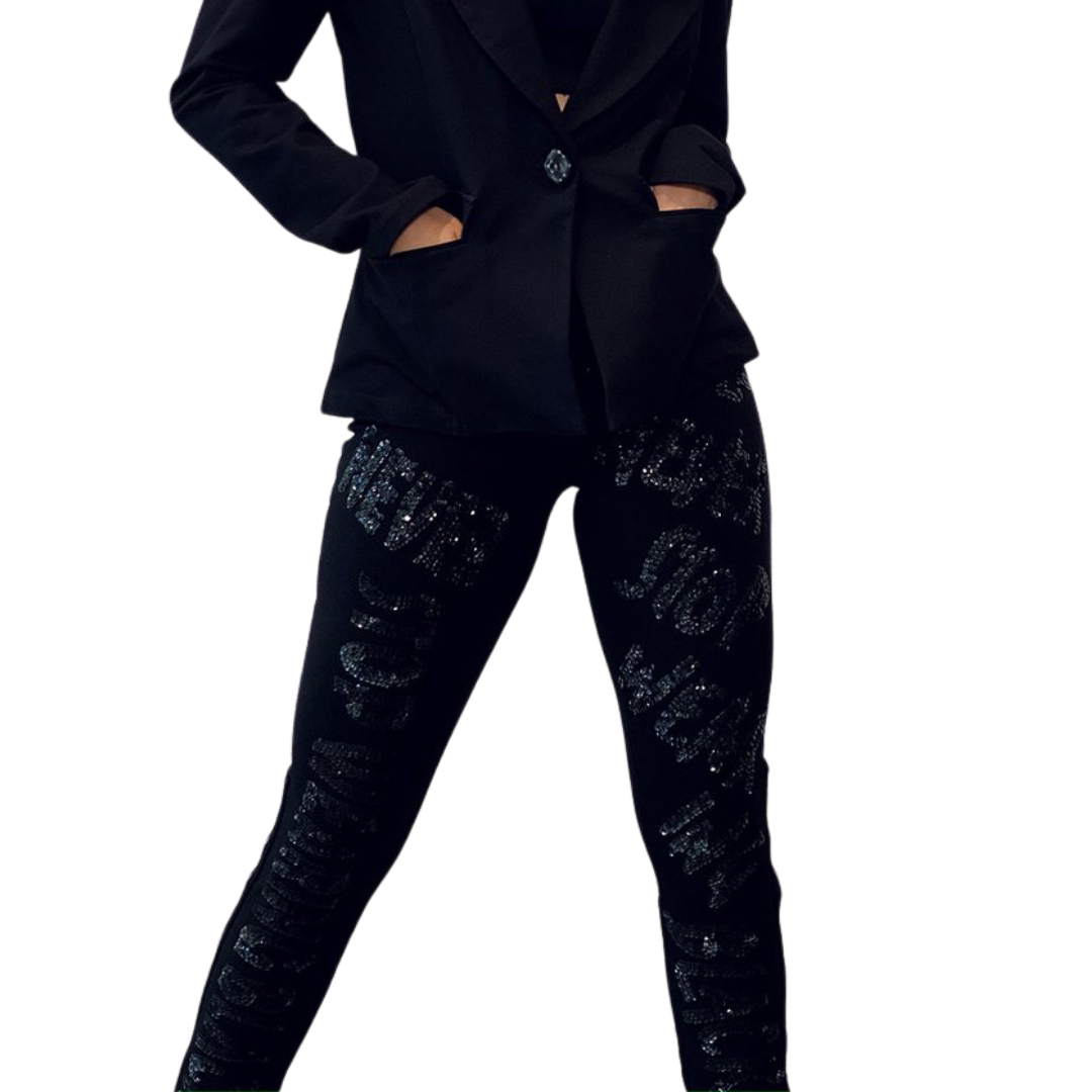 Front Sequin High Zip Tight - Pant
Incredibly cool and comfortable, these striking Rock ‘N Karma pants from the FALL 2020 collection are designed in the brand's iconic catchphrase “I will never stop wearing black”. Cut from our signature 2-way stretch miracle fabric, these pants feature an elasticated high-rise waist, zip closures towards the length and skinny but flexible fit. About Me 85% Rayon, 15% Lycra “Miracle Fabric” 2 way stretch for a move-with-you-feel Hand Beaded Original Design Designed for a fi