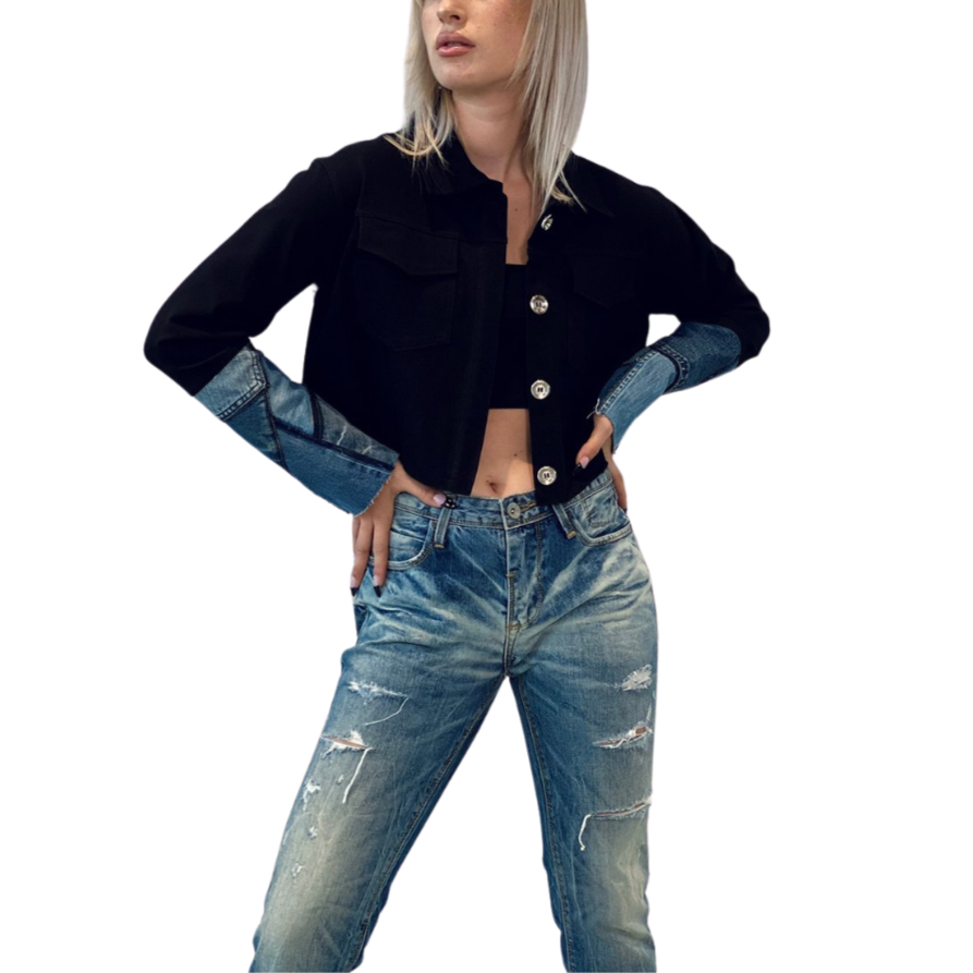 Ink Crop Jacket - Remix Denim
A twist of recycled remix denim added in the sleeves and the back amplifies the casual appeal of our classic cropped versatile denim jacket. Edgy style and classic silhouette of this casual jacket are sure to complete any of your day-to-day summer looks. About Me: 85% Rayon, 15% Lycra “Miracle Fabric” 100% Recycled Remix Denim 2 way stretch for a move-with-you-feel Hand Painted Original Design Designed for relaxed fit Fabric Resiliency, stays true to size Love Me Right: Machine
