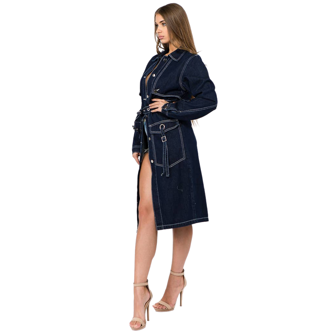 Denim Trench Button Front Coat
Look chic in this long denim trench coat and stay in style. Approx. model height is 5'9" and she is wearing a size S snap button closure at front Pockets Notch collar; removable hood Belted Machine washable
Denim Trench Button Front Coat
Look chic in this denim trench coat and stay in style. It has snap button closure at front, pockets, notch collar, removable hood and is belted.
10302019004-1

$74.99
$74.99
$74.99
blue trench coat, coat, denim, denim blue trench coat, jacket