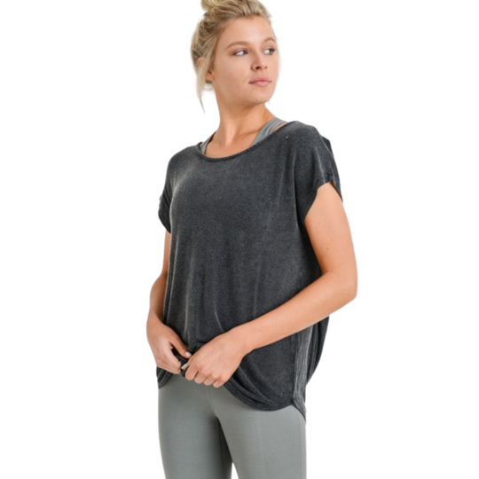 Open Back Drape Mineral Wash Top
We love this open back drape mineral wash top. This is such an avant-garde athleisure piece! The front offers a casual, round-neck look with tulip-style sleeves and bottom hem, whilst the back has a strap just under the nape of the neck and romantic, drape accent that hangs under a bold cut-out. Fabric: 95% rayon, 5% spandex.
Open Back Drape Mineral Wash Top
The front offers a casual, round-neck look with tulip-style sleeves and back has a strap just under the nape of the ne