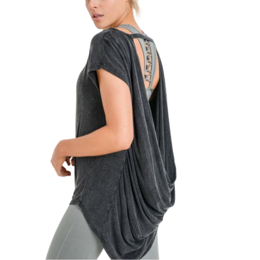 Open Back Drape Mineral Wash Top
We love this open back drape mineral wash top. This is such an avant-garde athleisure piece! The front offers a casual, round-neck look with tulip-style sleeves and bottom hem, whilst the back has a strap just under the nape of the neck and romantic, drape accent that hangs under a bold cut-out. Fabric: 95% rayon, 5% spandex.
Open Back Drape Mineral Wash Top
The front offers a casual, round-neck look with tulip-style sleeves and back has a strap just under the nape of the ne