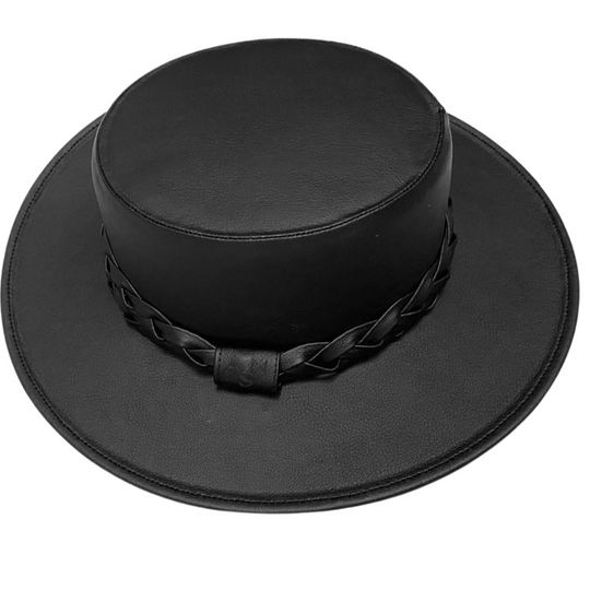 Cactus Cordobes Vegan Leather Hat
The Cactus hat was inspired by the famous classic metal anthem by AC/DC. The sculpted crown is swathed in rich black vegan leather and the brim is complemented by black vegan leather. Finished with a statement double braid velour trim. It draws design influence from the classic rock aesthetic. Black vegan leather. Large - 61 cm, Medium - 58 cm Crown 4” Brim 3” Cordobes crown Double braided trim Inner elastic Spot/ clean with cloth
Cactus Cordobes Vegan Leather Hat
The Cactu