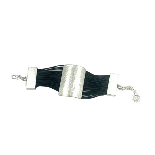 Leather Bracelet with Rectangular Hammered Disc Design
