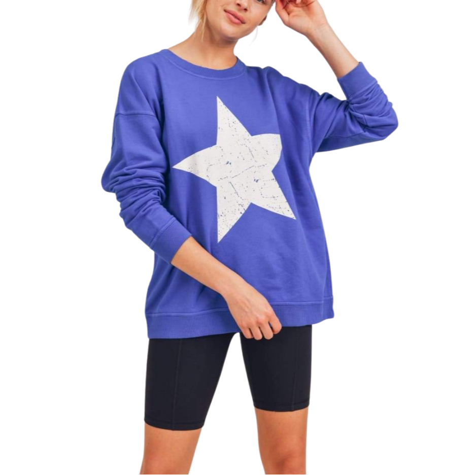 You're A Star Pullover - Royal Blue
This pullover was crafted using a 100% cotton terry fabric. It features a rounded neckline, long sleeves, and a single star graphic on the front with an antiqued finish. Fabric: 100% cotton terry Machine wash cold with like colors and tumble dry low Country of Origin: CN
You're A Star Pullover - Royal Blue
This pullover is 100% cotton terry fabric. It features a rounded neckline, long sleeves, and a single star graphic on the front with an antiqued finish. 
KT11694-BLU

$