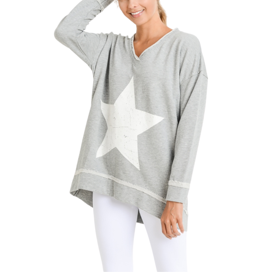 Antiqued Star Longline V-Neck Sweatshirt - Grey
This pullover was crafted using a 100% cotton terry fabric. It features a rounded neckline, long sleeves, and a single star graphic on the front with an antiqued finish. Fabric: 100% cotton terry Machine wash cold with like colors and tumble dry low Country of Origin: CN
Antiqued Star Longline V-Neck Sweatshirt - Grey
This pullover is 100% cotton terry fabric. It features a rounded neckline, long sleeves, and a single star graphic on the front with an antiqued