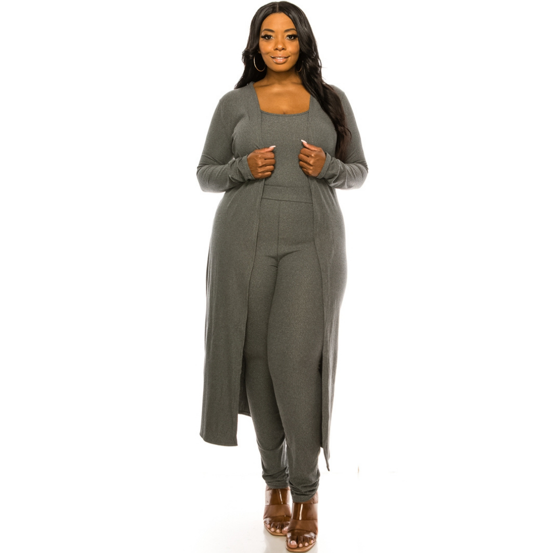 3pc Ribbed Knit Lounge Set - Charcoal Grey
This cozy full length robe is made of soft ribbed knit polyester.spandex and is teamed up with matching tank top and full length leggings. This 3pc set is perfect for lounging at home, entertaining guests or Zooming from your work office. Fabric & Care: 93% polyester, 7% spandex Machine wash cold with like colors, do not bleach Gentle cycle, tumble dry low
3pc Ribbed Knit Lounge Set - Charcoal Grey
This cozy full length robe is made of soft ribbed knit polyester.sp