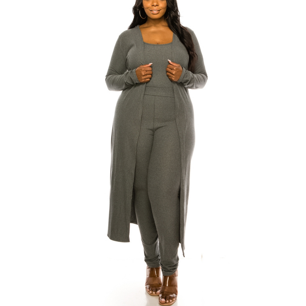 3pc Ribbed Knit Lounge Set - Charcoal Grey
This cozy full length robe is made of soft ribbed knit polyester.spandex and is teamed up with matching tank top and full length leggings. This 3pc set is perfect for lounging at home, entertaining guests or Zooming from your work office. Fabric & Care: 93% polyester, 7% spandex Machine wash cold with like colors, do not bleach Gentle cycle, tumble dry low
3pc Ribbed Knit Lounge Set - Charcoal Grey
This cozy full length robe is made of soft ribbed knit polyester.sp