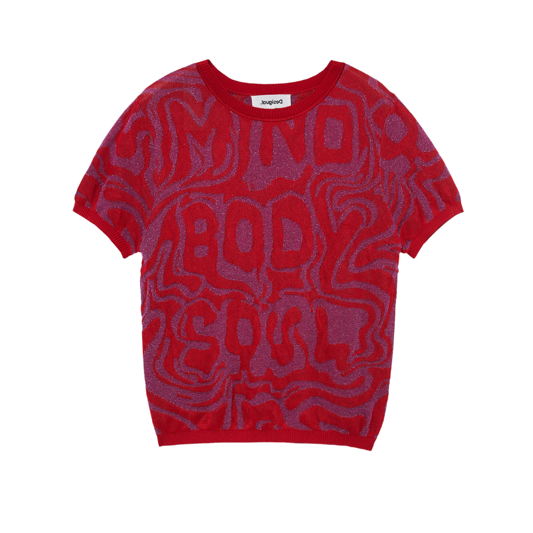 Jacquard Knit Tee - Mind Body Soul
"Mind, body, soul": these three words that are so inspiring appear with psychedelic typography on the matching jacquard of this short sleeve T-shirt made in knit fabric. Round neck Jacquard with the words "mind, body, soul" in psychedelic typography Metallic Lurex yarn Ribbed elastic on waist and sleeve Regular fit Short sleeve Fabric & Care: Inner fabric: 1% Metallic fiber, 1% polyester, 2% polyamide, 96% cotton Outer fabric: 6% Metallic fiber, 8% polyamide, 86% viscose d
