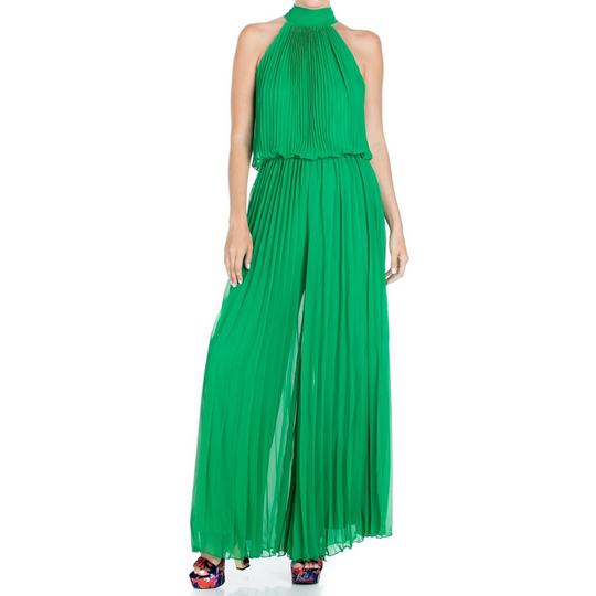 Wild Orchid Pleat Jumpsuit - Emerald
This goddess style jumpsuit features all-over vertical pleats and a sexy halter neck with an adjustable scarf tie. The true waist has an elastic gathering to fit a range of sizes. The fabric is a sheer chiffon with a gorgeous magenta hue. This jumpsuit is fully lined. This jumpsuit is so comfortable and flowy against your skin, you will feel like you are wearing your pajamas! DetailsBrand: Meghan LAColor: MagentaLength: Approx. 60" LengthQuality: 100% PolyesterSource: De