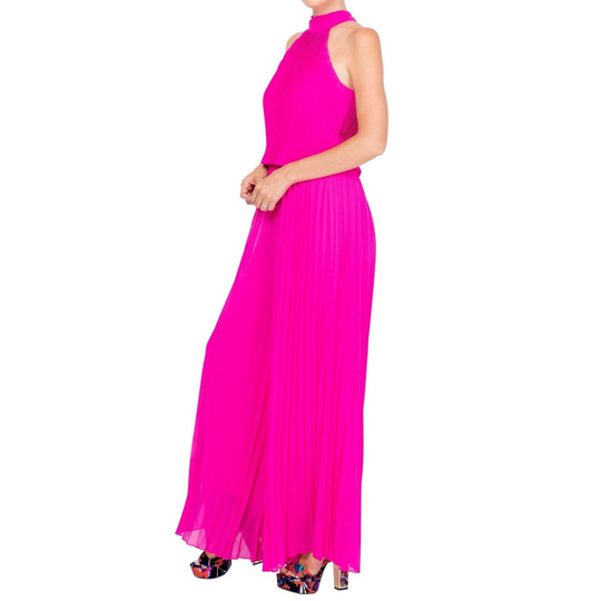 Wild Orchid Pleat Jumpsuit - Magenta
This goddess style jumpsuit features all-over vertical pleats and a sexy halter neck with an adjustable scarf tie. The true waist has an elastic gathering to fit a range of sizes. The fabric is a sheer chiffon with a gorgeous magenta hue. This jumpsuit is fully lined. This jumpsuit is so comfortable and flowy against your skin, you will feel like you are wearing your pajamas! DetailsBrand: Meghan LAColor: MagentaLength: Approx. 60" LengthQuality: 100% PolyesterSource: De
