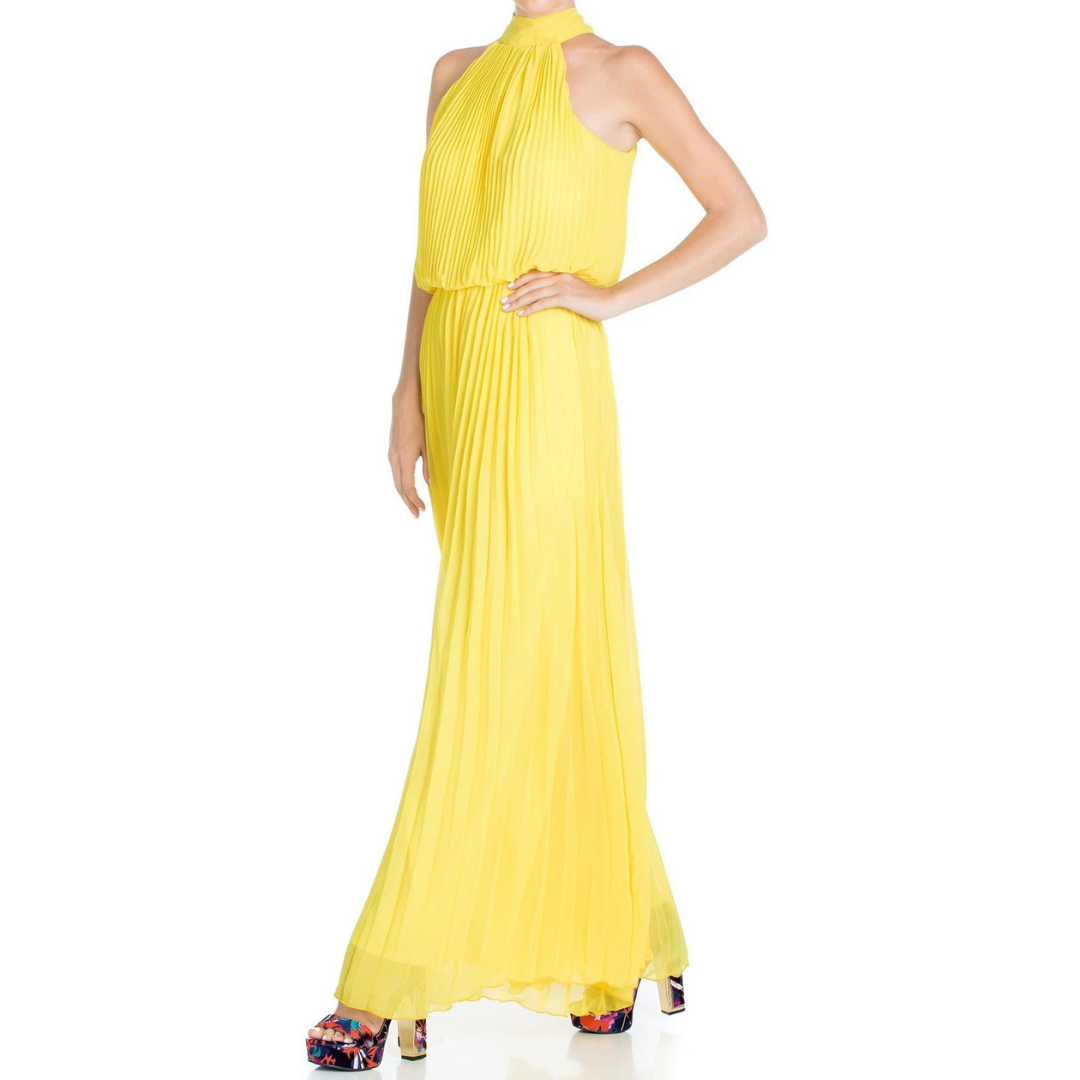 Wild Orchid Pleat Jumpsuit - Yellow
This goddess style jumpsuit features all-over vertical pleats and a sexy halter neck with an adjustable scarf tie. The true waist has an elastic gathering to fit a range of sizes. The fabric is a sheer chiffon with a gorgeous magenta hue. This jumpsuit is fully lined. This jumpsuit is so comfortable and flowy against your skin, you will feel like you are wearing your pajamas! DetailsBrand: Meghan LAColor: MagentaLength: Approx. 60" LengthQuality: 100% PolyesterSource: Des