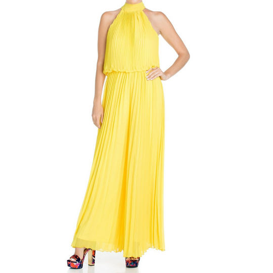 Wild Orchid Pleat Jumpsuit - Yellow
This goddess style jumpsuit features all-over vertical pleats and a sexy halter neck with an adjustable scarf tie. The true waist has an elastic gathering to fit a range of sizes. The fabric is a sheer chiffon with a gorgeous magenta hue. This jumpsuit is fully lined. This jumpsuit is so comfortable and flowy against your skin, you will feel like you are wearing your pajamas! DetailsBrand: Meghan LAColor: MagentaLength: Approx. 60" LengthQuality: 100% PolyesterSource: Des