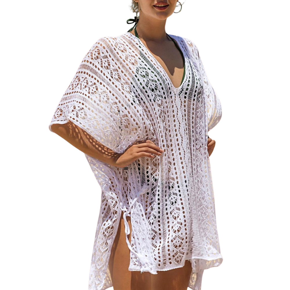 Hollow Out Tassel Bikini Coverups 3/4 Sleeve
Chill out on a hot summer day with our lacy 3/4 sleeve boat neck cover up. Easy to throw on and look super sexy. One size. 100% polyester Hand wash Made in China
Hollow Out Tassel Bikini Coverups 3/4 Sleeve
Chill out on a hot summer day with our White Boho V-Neck Cover Up. This cover up features soft and stretchy crochet design and neck drawstring with tassels. 
620-white

$41.99
$41.99
$41.99
beige cover up, bikini cover up, cover-up, liora, liora swimwear, swim