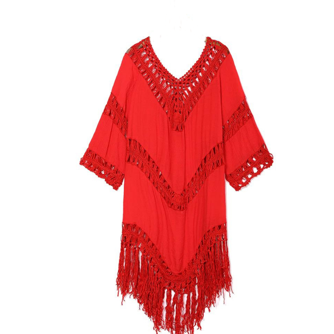 Bathing Suit Cover Up - Red
Chill out on a hot summer day with our lacy 3/4 tasseled and crocheted sleeve boat neck cover up. Easy to throw on and look super sexy. One size. 100% polyester Hand wash China import
Bathing Suit Cover Up - Red
Chill out on a hot summer day with our White Boho V-Neck Cover Up. This cover up features soft and stretchy crochet design and neck drawstring with tassels. 


$36.99
$36.99
$36.99
beige cover up, bikini cover up, cover-up, liora, liora swimwear, red bathing suit cover up