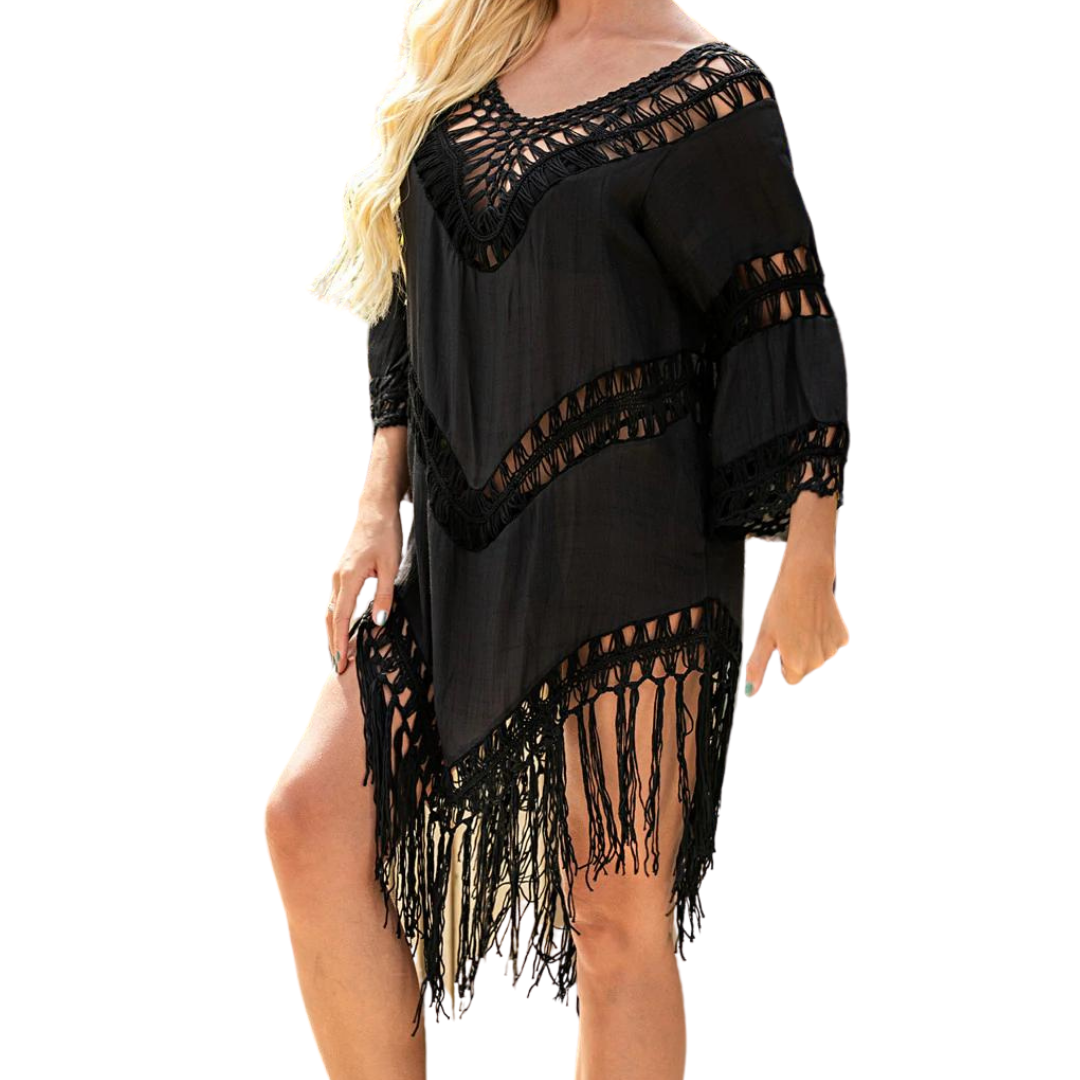 Bathing Suit Cover Up - Black
Chill out on a hot summer day with our lacy 3/4 tasseled and crocheted sleeve boat neck cover up. Easy to throw on and look super sexy. One size. 100% polyester Hand wash China import
Bathing Suit Cover Up - Black
Chill out on a hot summer day with our White Boho V-Neck Cover Up. This cover up features soft and stretchy crochet design and neck drawstring with tassels. 
633-blk

$36.99
$36.99
$36.99
bikini cover up, black bathing suit cover up, black bikini cover up, black cover