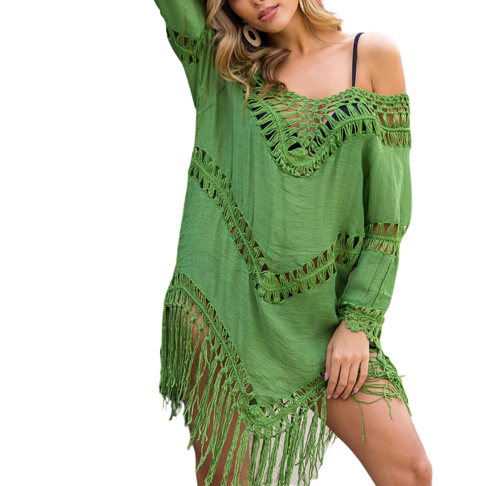 Bathing Suit Cover Up - Green
Chill out on a hot summer day with our lacy 3/4 tasseled and crocheted sleeve boat neck cover up. Easy to throw on and look super sexy. One size. 100% polyester Hand wash China import
Bathing Suit Cover Up - Green
Chill out on a hot summer day with our White Boho V-Neck Cover Up. This cover up features soft and stretchy crochet design and neck drawstring with tassels. 
633-grn

$36.99
$36.99
$36.99
bikini cover up, cover-up, green bathing cover up, green bathing suit cover up,