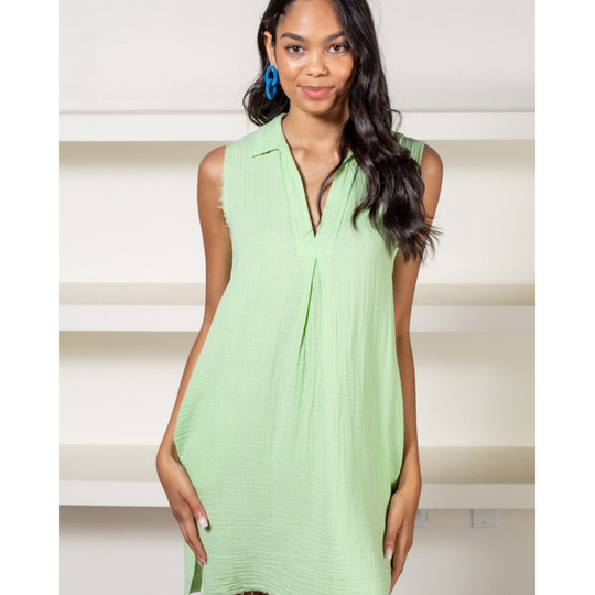 Sleeveless Shirt Dress - Pale Green
Keep it cool and simple on warm days in this effortlessly chic shirtdress cut from a breezy crinkle cotton material. It's great as a dress or tunic. Fit is flowy and pockets are functional. Fits true to size. 100% Cotton Dual Side Pocket Not Lined Length: 36 in Hand wash cold, Lay flat to dry
Sleeveless Shirt Dress - Pale Green
Chic shirtdress cut from a breezy crinkle cotton material. It's great as a dress or tunic. Fit is flowy and pockets are functional. Fits true to s