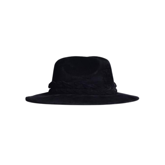 Rockstar Velour Faux Suede Fedora Hat
Rockstar Velour Faux Suede Fedora Hat Our Rockstar hat is bold and edgy. Its velour fabric in the deepest shade of black and matching double braided trim makes it the perfect black hat for any occasion. Its peaked crown is stiffened to give it an overall structured shape. Our black velour hat is made of faux suede fabric. Large - 61 cm, Medium - 58 cm Large 24 in, Medium 22 in Brim 3" Crown 4" Fedora Double braided trim Inner elastic Spot/clean with cloth
Rockstar Velou