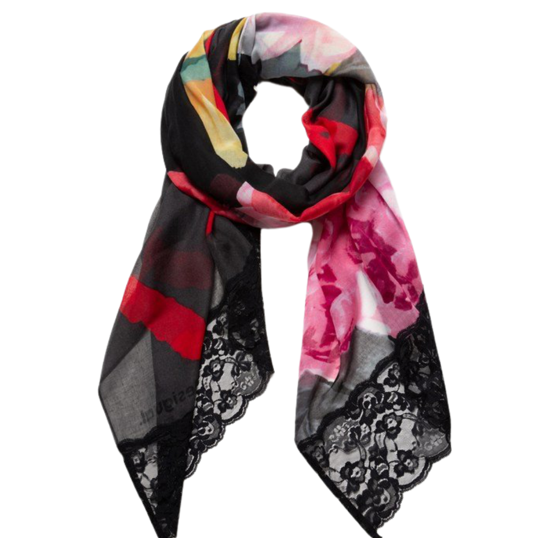 Be You Floral Rectangular Scarf
Be You Floral Rectangular Scarf/ Lace trim A scarf with the dual power of seduction. Because both flowers and lace have always been seductive by nature, and on this scarf, they join to emphasize the stylishness of your outfits to the maximum, and of course, of your beauty. With the message "Be you" along its entire length, it has just seduced you. Floral print in bright colours combined with black lace on the ends. Red message "Be you". Measurements 76 x 39 in. Care: Do not b
