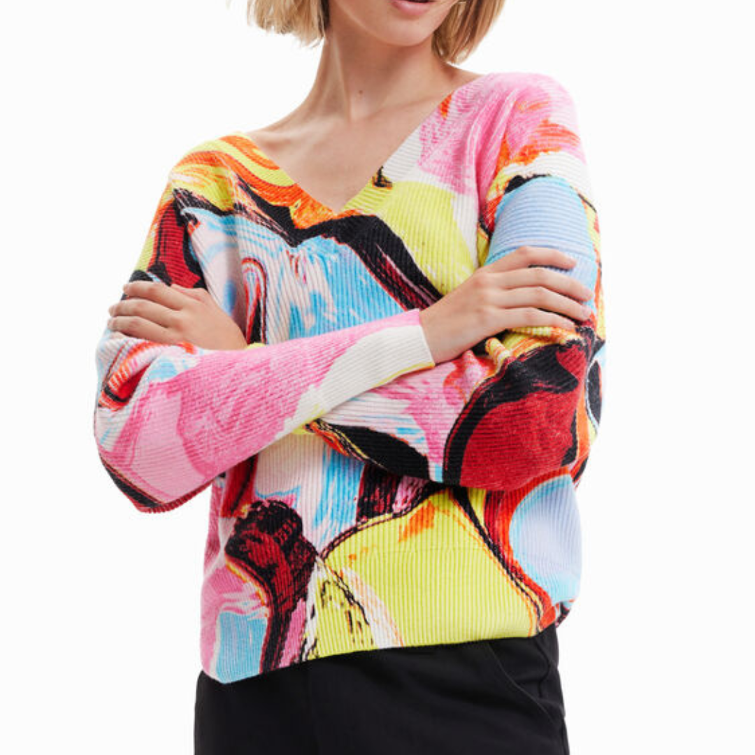 Multi-Colored V-Neck Ribbed Sweater