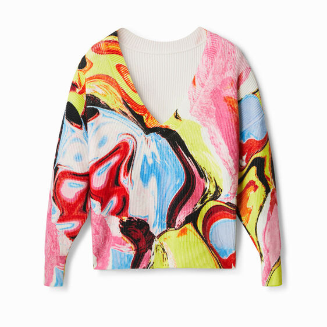 Multi-Colored V-Neck Ribbed Sweater