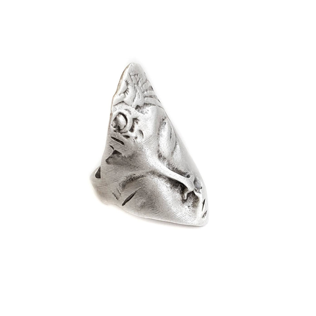 Half Face Etched Antique Silver Pewter Ring