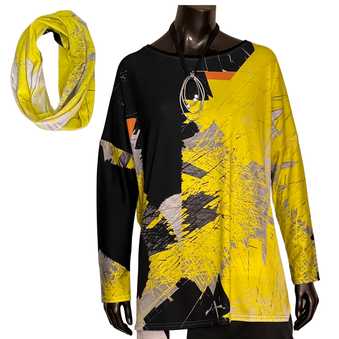 Andrea Geer Oversized Tee - Yellow Lines
This colorful, super comfortable one-of-a kind stretchy cotton pullover is digitally printed from Andrea’s original abstract paintings onto the fabric to create a dynamic combination of color and pattern. Details: long sleeves banded collar side vents relaxed oversized fit 95% cotton, 5% spandex cool delicate wash, lay flat to dry
Andrea Geer Oversized Tee - Yellow Lines
This colorful, super comfortable one-of-a kind stretchy cotton has long sleeves banded collar sid