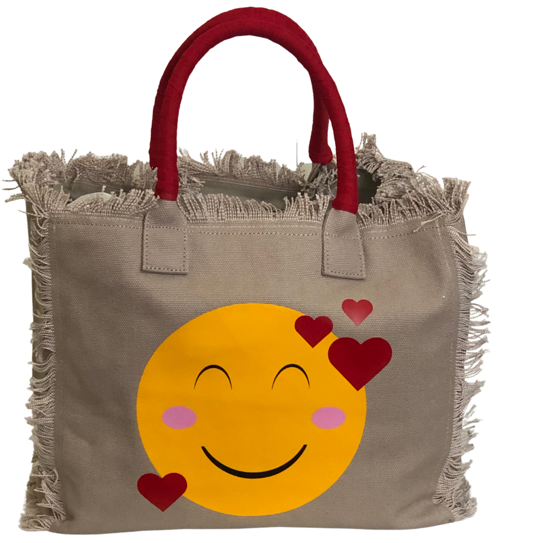 LOVE Emoji Shoulder Tote - Beige
We have improved this best-selling bag! Now larger and roomier it's a shoulder tote and fully lined too! Fringe Bag Perfect everyday bag! - "LOVE Emoji" Fully lined canvas tote with soft-support bottom and bandana covered handles. Inside bag has 1 convenient inside zippered pockets and 2 insert pockets. Bag handles are at 7.5" drop and fits comfortably around the shoulder. Dimensions: 12"X14"X6.5" Made in USA
LOVE Emoji Shoulder Tote - Beige
LOVE Emoji Bag fully lined canvas